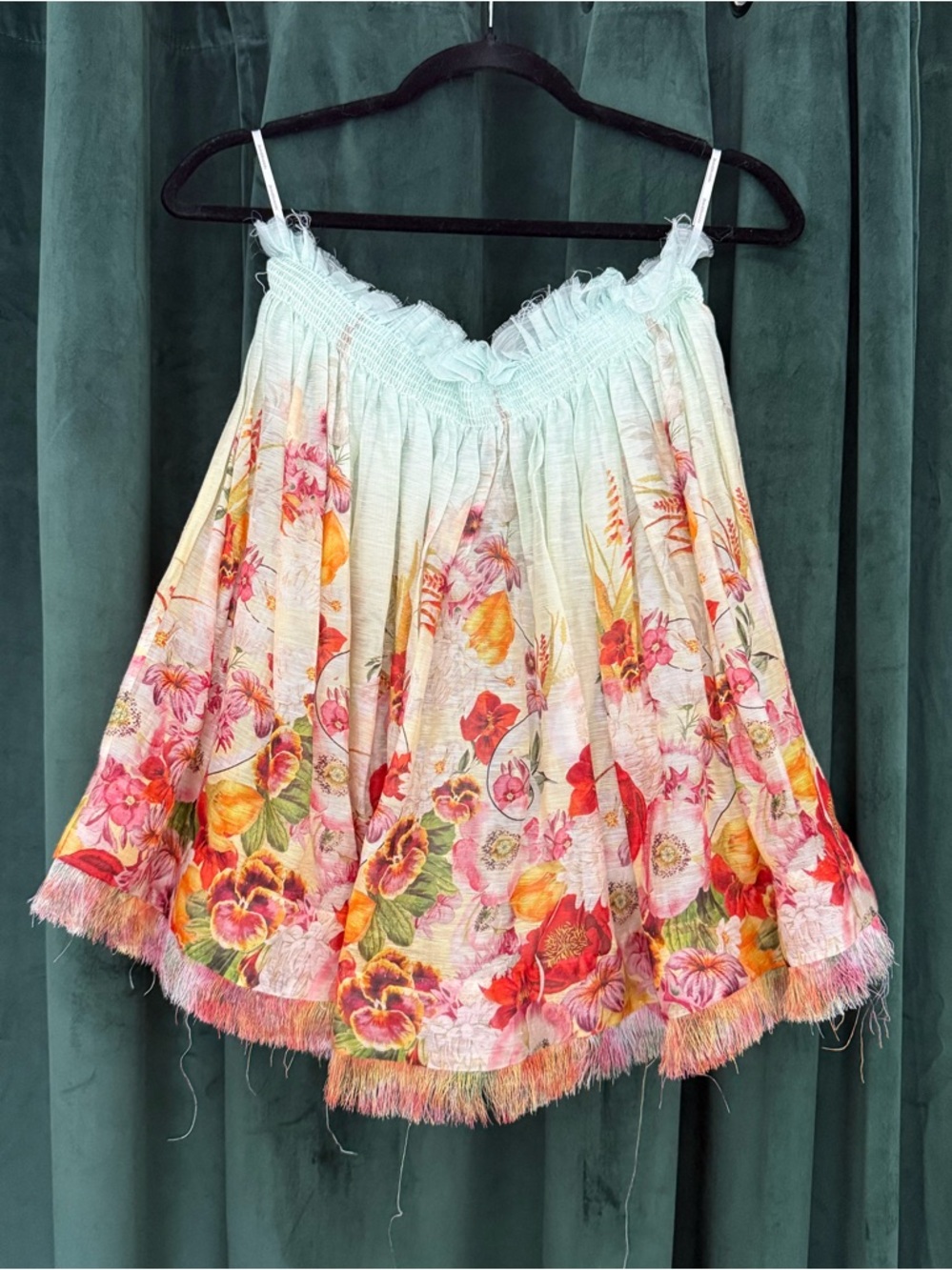 ZIMMERMANN Floral Linen Silk Skirt Fringe Hem Gathered Waist AUS 2 / US 8 / M